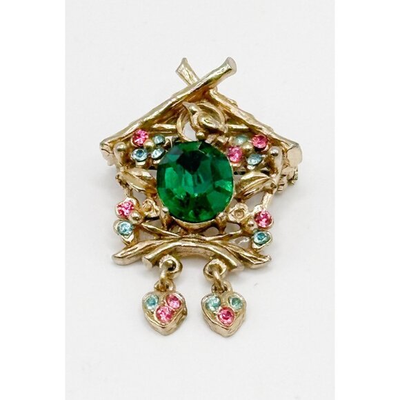 Vintage Unsigned CORO Cuckoo Clock Pin‎ Green Glass Pastel Rhinestones - Picture 1 of 4